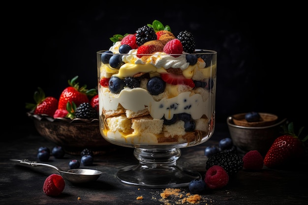 A trifle with a blueberry and blackberries on top