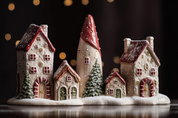 Trio Of Charming Ceramic Christmas Houses With Snowy Roofs Generative AI