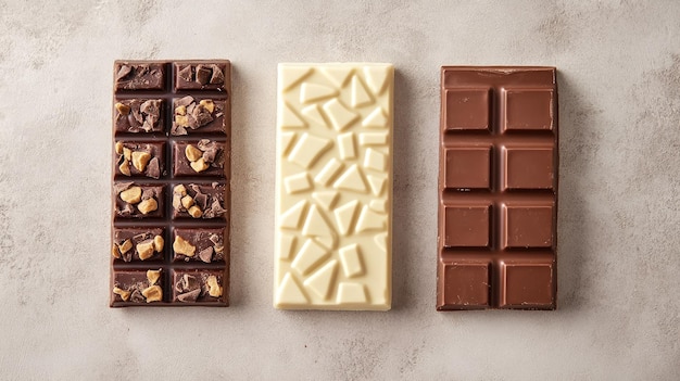 Trio of chocolate bars partly encased in white beautifully arranged to emphasize their rich texture