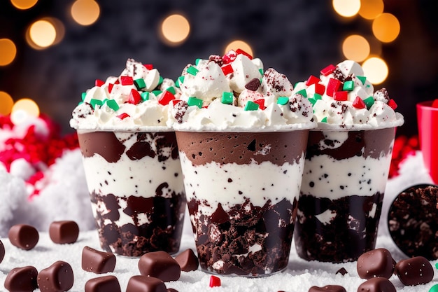 A trio of chocolate trifle cups with christmas decorations on top