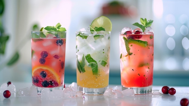 A trio of colorful and creative mocktails including a ginger citrus fizz a berry basil mojito and a