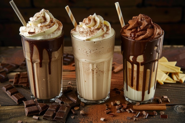 Trio of decadent chocolate milkshakes on wooden table