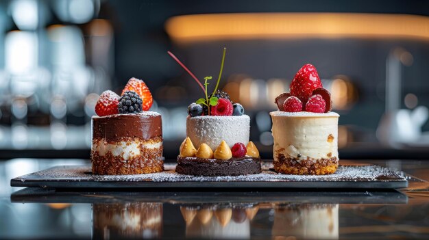 Photo trio of desserts on black counter