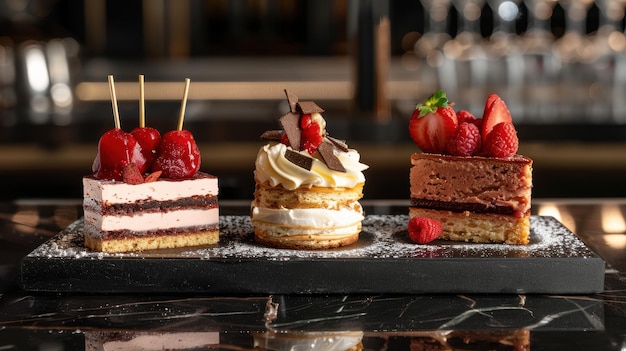 Photo trio of desserts on black counter