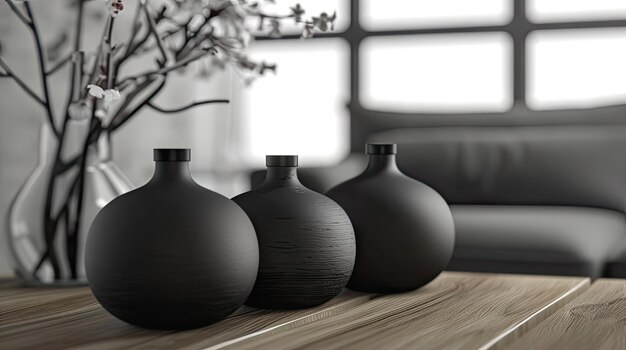 Photo trio of ebony vessels adorning rustic oak table