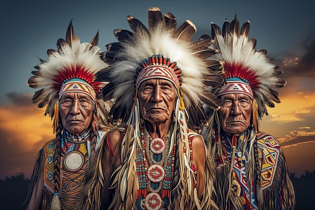 trio of Native American elders with weathered features and expressive eyes