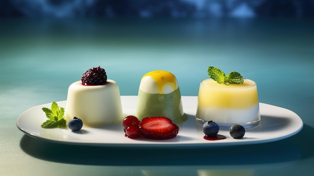 Photo trio panna cotta desserts different flavors delightful presentation generative ai