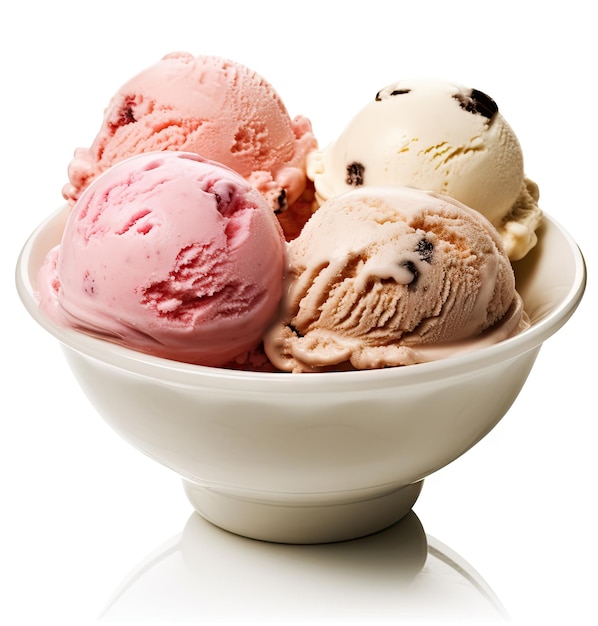 Trio of tasty chocolate vanilla and strawberry flavored frozen dessert in a blue bowl with two wafer straws