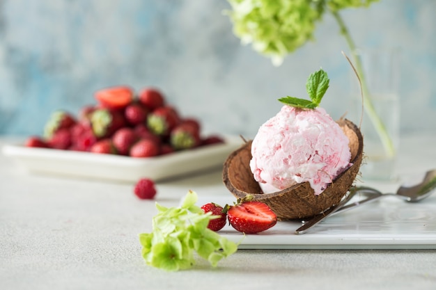 Trio of tasty vanilla and strawberry flavored frozen dessert ice cream in a coconut  bowl with mint on a stone