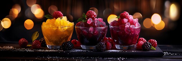 Photo a trio of vibrant frosty shaved ice desserts in glass cups garnished with fresh berries