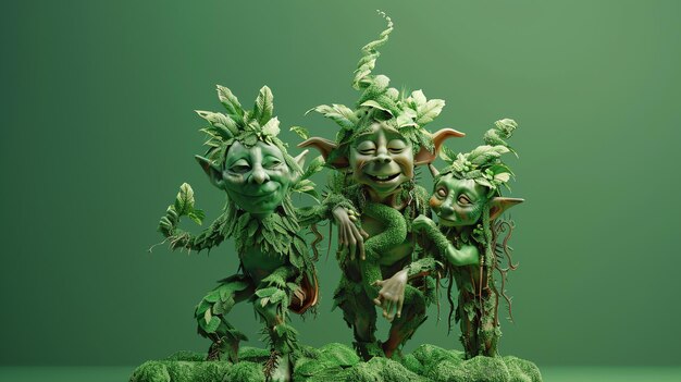 A trio of woodland creatures made of plants