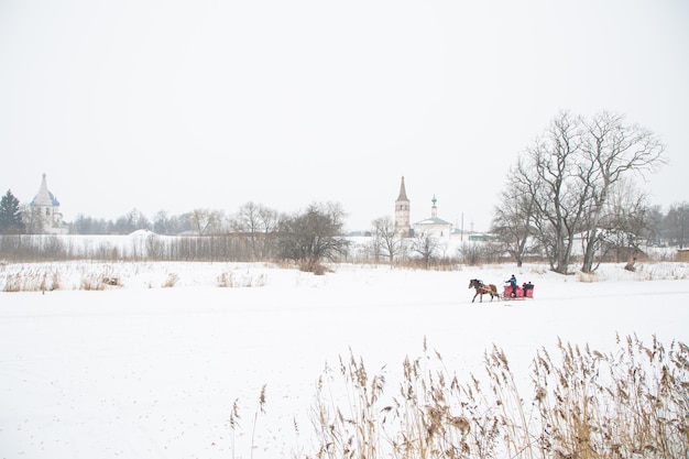 Trip in the sleighs along the streets of city Suzdal