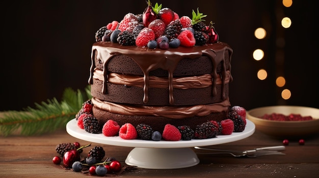 Triple layered chocolate cake adorned with luscious ganache fresh berries and a dusting of cocoa powder Generative AI