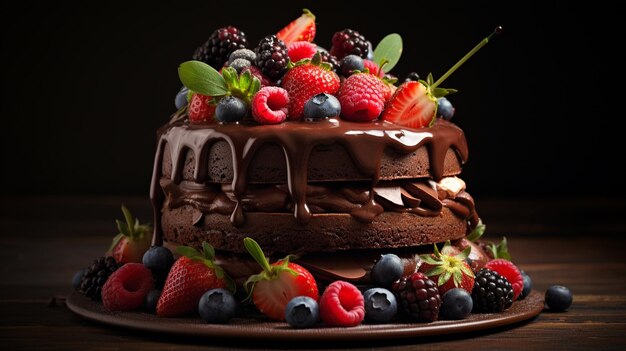 Triple layered chocolate cake adorned with luscious ganache fresh berries Generative AI