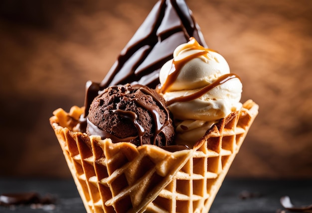 A triple scoop of chocolate caramel and butterscotch ice cream