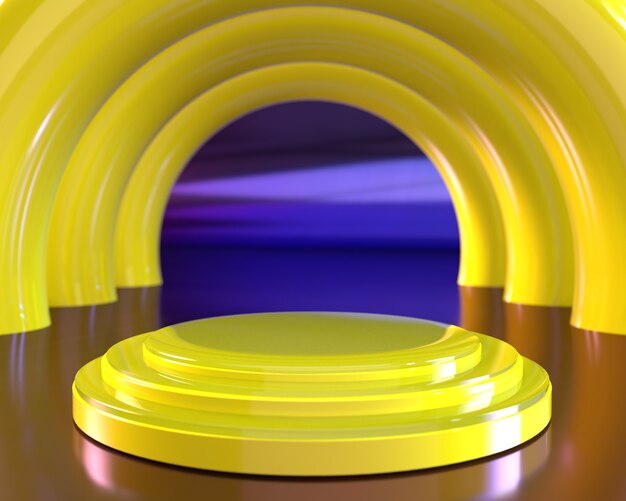 Triple yellow Cylinder pedestal podium with yellow circle column design on neon background for product presentation stage display by 3d rendering