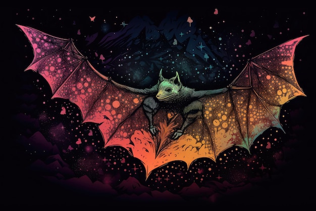 Trippy bat flying through the night sky created with generative ai