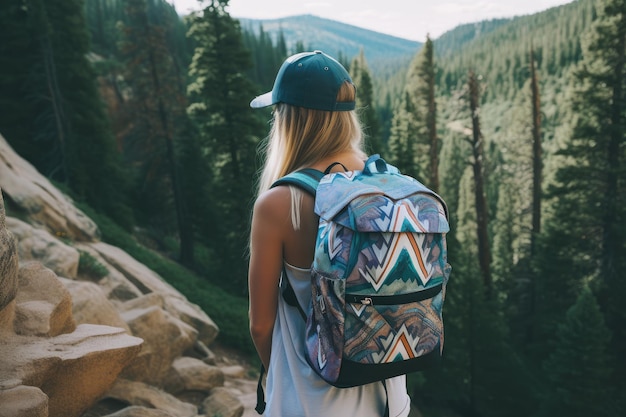 Trippy geometric print backpack on hike through mountains