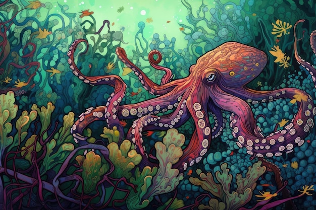 Trippy octopus swimming amongst underwater plants created with generative ai