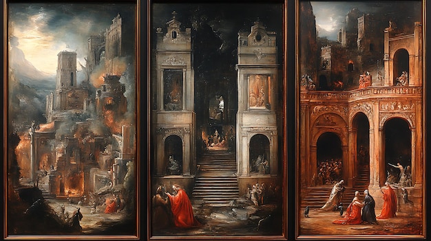 Photo triptych of a burning city a painting by an unknown master