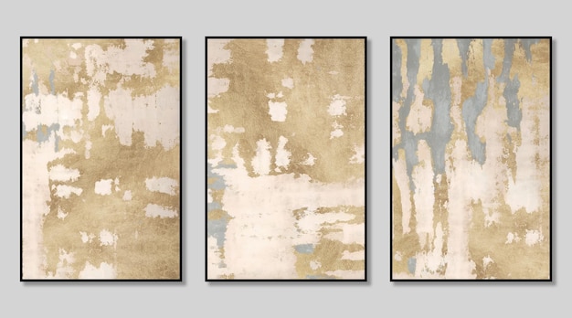 Triptych composed of modern abstract golden vintage texture cover design gray background