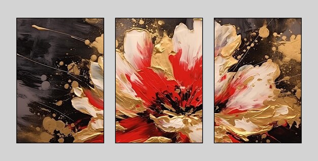 Triptych flower horse feather geometry gold element three figure