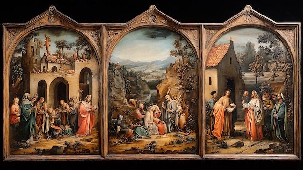 Photo triptych painting depicting biblical scenes with figures in a landscape setting