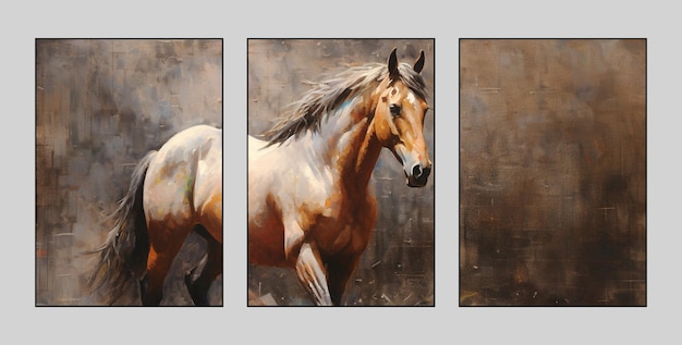 Triptych plants flowers landscape gold element the horse