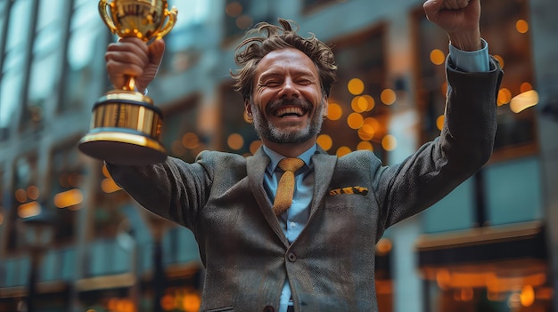 Photo triumphant businessman cradles a beautiful trophy cup a symbol of success and achievement radiating elegance and prestige in the palms of accomplishment