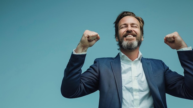 Triumphant businessman raising fists in victory pose