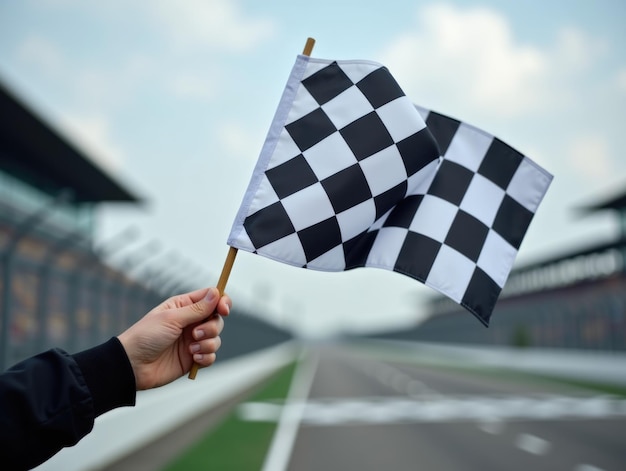 Photo triumphant checkered flag waves at motorsport finish line with racing track in the background