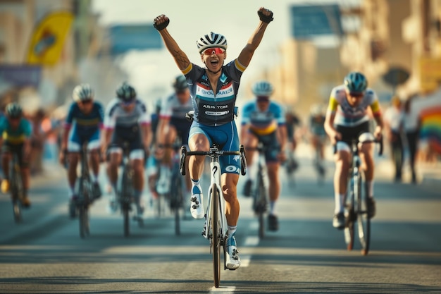 Triumphant Cyclist Crossing Finish Line in Competitive Road Cycling Race Victory Emotion Achievement