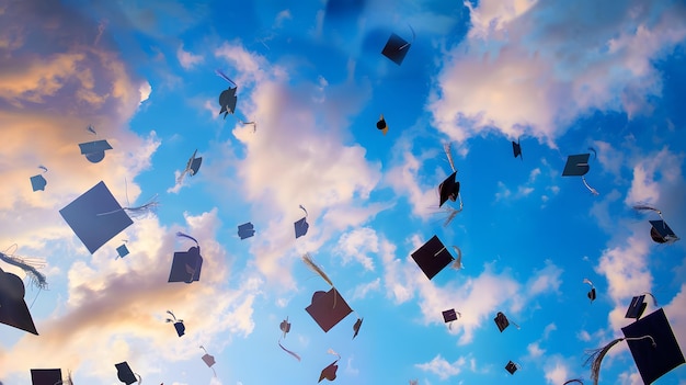 Triumphant display of graduation caps tossed into the air capturing the essence of achievement