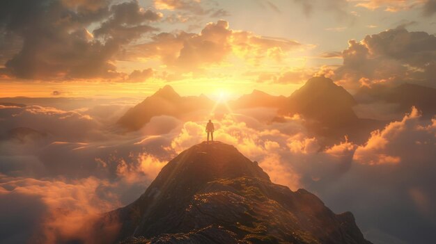 Triumphant figure on mountain peak at sunrise with determination and patience inspiring view