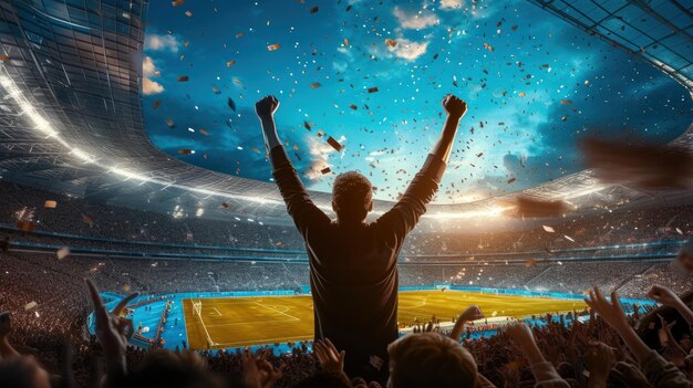 Triumphant moment of a sporting event Man standing with raised arms and confetti