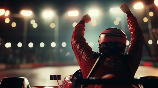 A triumphant racecar driver raises their fists in victory against the backdrop of brightly lit track capturing a moment of pure exhilaration and achievement