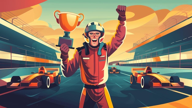 Photo triumphant racer holding trophy at car racing event with celebratory gesture and racing cars