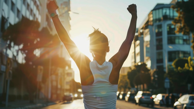 Photo a triumphant runner raises their arms in victory silhouetted against the golden morning sun capturing the essence of achievement and determination