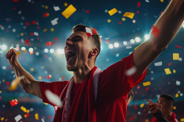 Triumphant Soccer Fan Celebrating at Stadium with Confetti