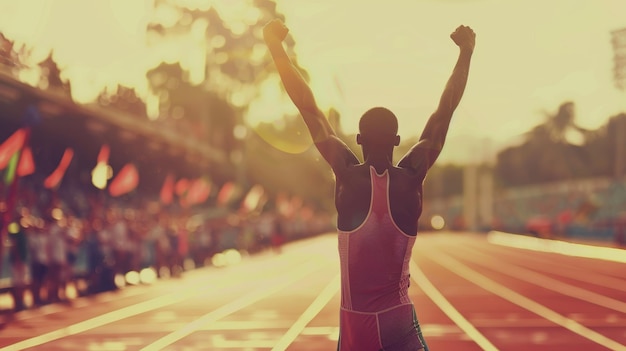 Triumphant Sprinter Celebrating Victory at Finish Line Amidst Cheering Crowd in Sunlit Stadium