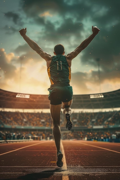 Triumphant Steeplechase Runner Crossing Finish Line with Stadium Crowd Cheering at Sunset