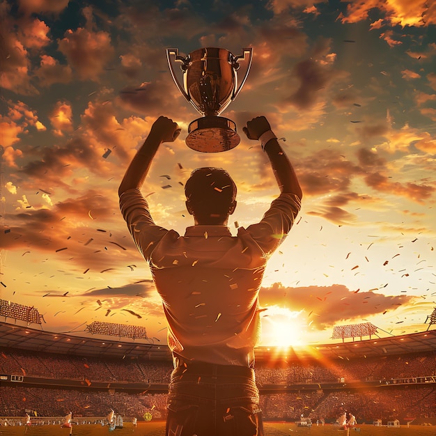 Photo triumphant victory champion raising trophy in front of cheering crowd at sunset