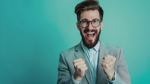 Photo triumphant young finance professional celebrates success against vibrant backdrop