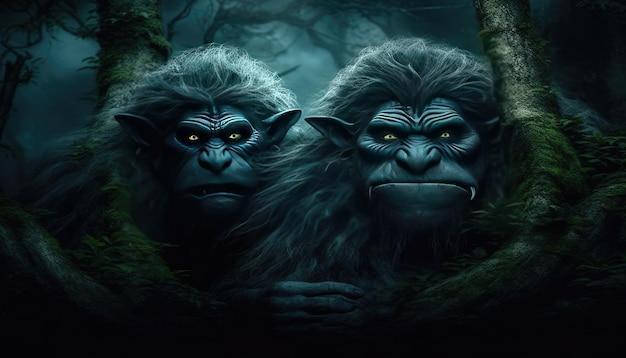 Trolls lurking in a shadowy forest their hulking forms adding an element of mystery and danger AI ge