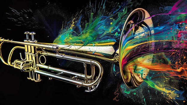 Photo trombone colourful watercolour with color splash illustration