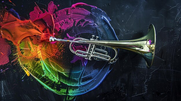 Photo trombone colourful watercolour with color splash illustration