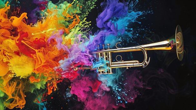 Photo trombone colourful watercolour with color splash illustration