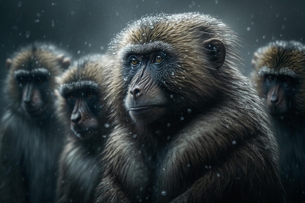 A troop of baboons grooming each other in snow season