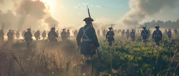 Troops march resolutely through a smoky battleground at sunrise creating an eerie and somber scene reflecting the gravity of historical conflicts