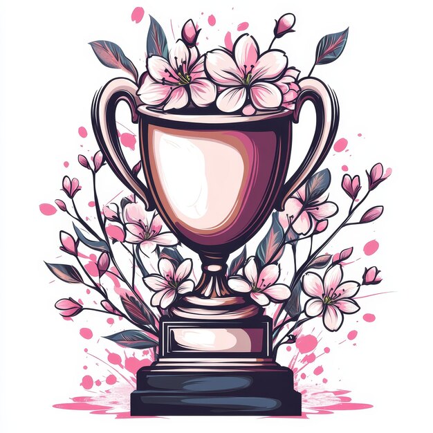 Photo trophy cup with cherry blossom flowers and leaves vector illustration